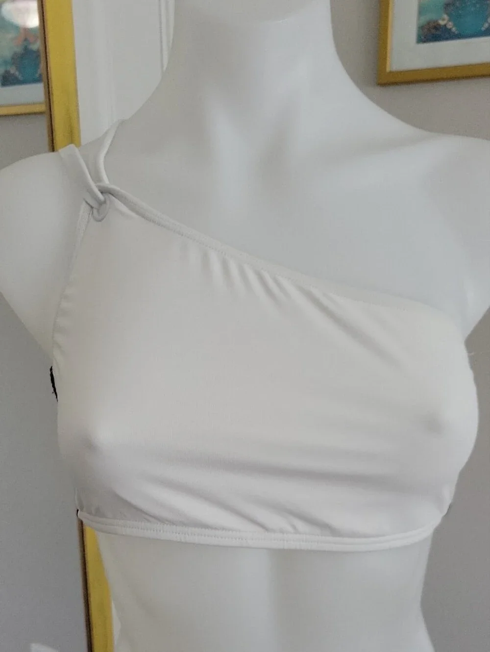 MK Michael Kors Bikini Top M White & Black One Shoulder Adjustable Strap Sporty